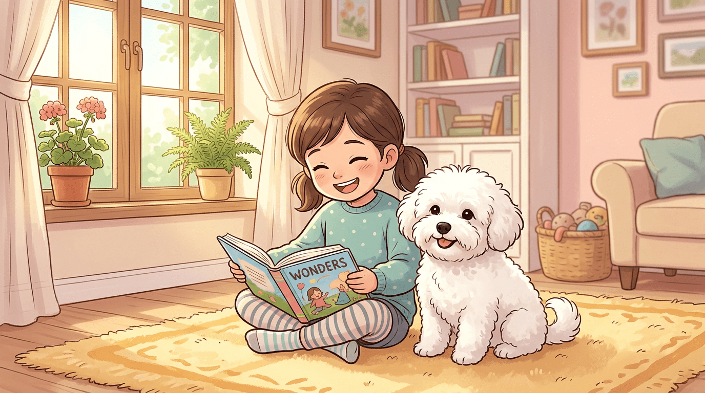 Ein kleiner weißer Bologneser Hund mit lockigem Fell sitzt glücklich neben einem spielenden Kind auf einem Teppich.