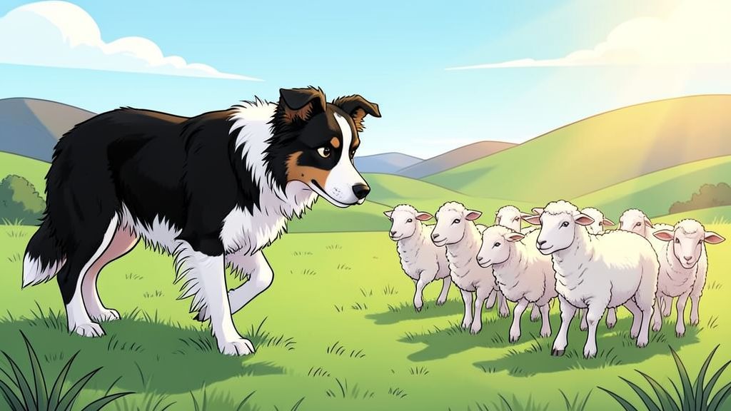 Ein schwarz-weißer Border Collie fixiert mit einem konzentrierten Blick eine Gruppe flauschiger Schafe auf einer grünen Wiese.