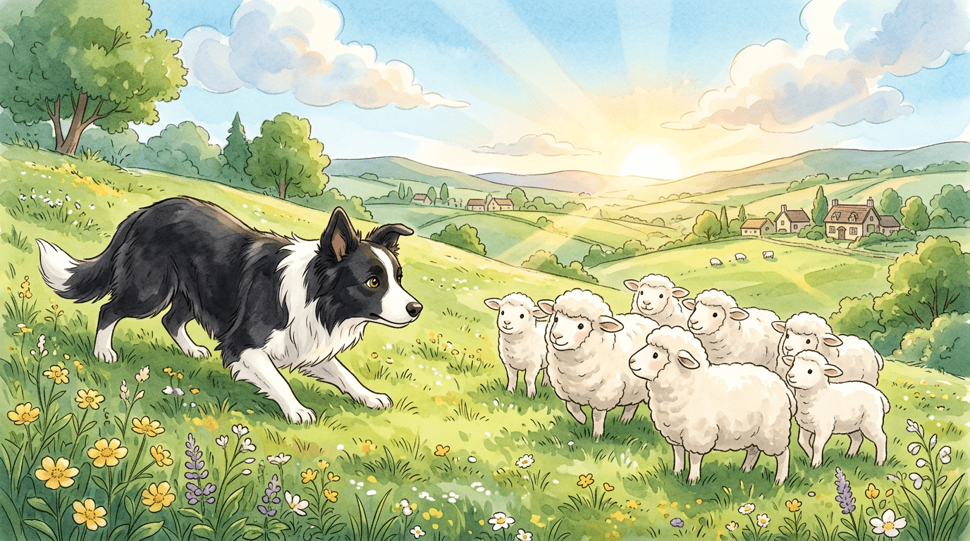 Ein schwarz-weißer Border Collie fixiert mit sanftem, konzentriertem Blick eine Gruppe flauschiger Schafe auf einer sonnigen grünen Wiese.