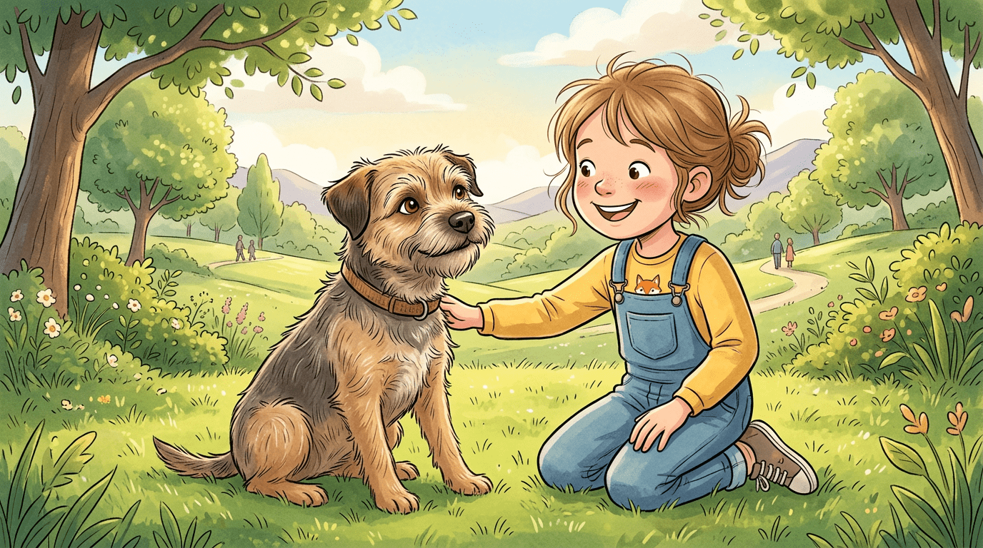 Ein Border Terrier mit seinem typischen Ottergesicht spielt fröhlich auf einer bunten Blumenwiese.