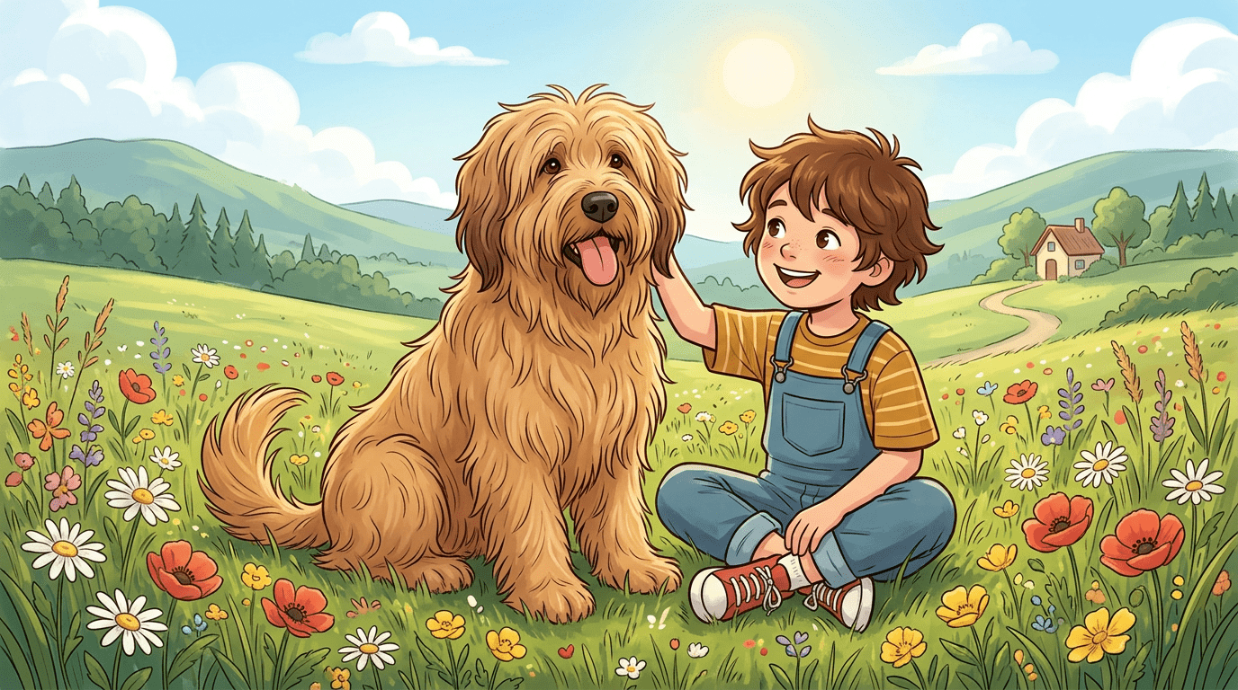 Ein wuscheliger Briard-Hund mit langem braunem Fell sitzt glücklich neben einem Kind auf einer Sommerwiese.