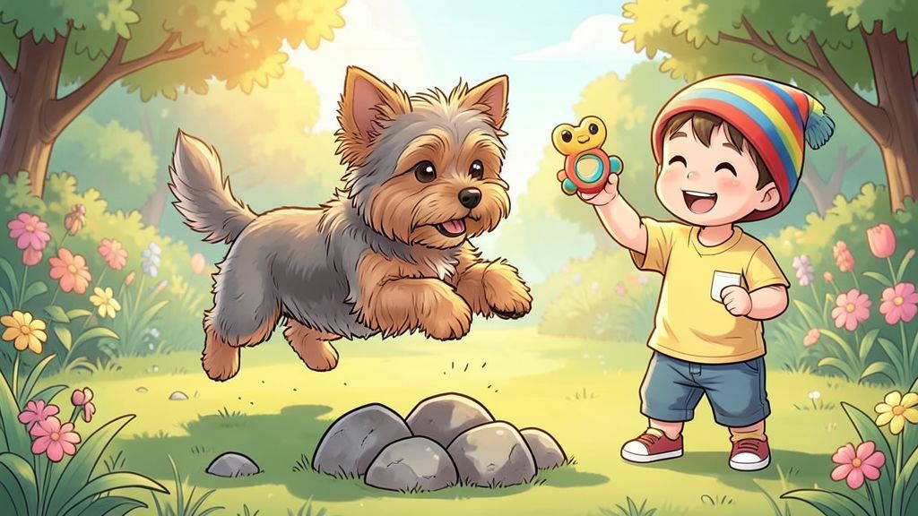 Ein kleiner, zotteliger Cairn Terrier Hund springt fröhlich über eine Wiese neben einem Kind.