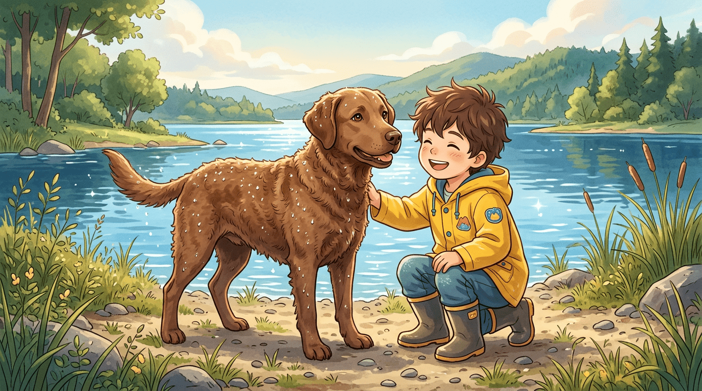 Ein freundlicher, brauner Chesapeake Bay Retriever mit welligem Fell steht lachend an einem Seeufer neben einem Kind.