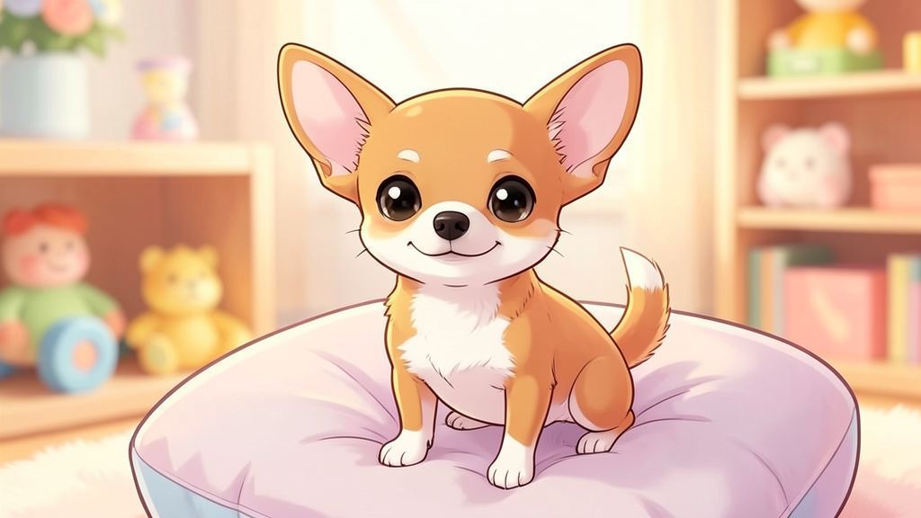 Eine liebevolle Illustration eines kleinen Chihuahuas, der auf einem weichen Kissen sitzt und freundlich schaut.