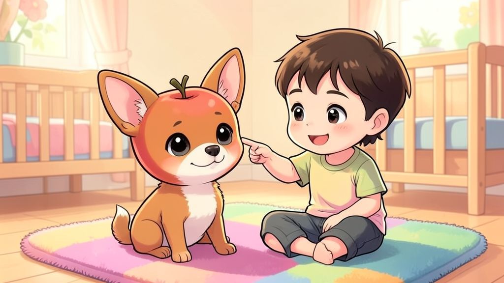 Ein kleiner, niedlicher Chihuahua mit großen Augen und aufrechten Ohren sitzt fröhlich neben einem Kind auf einem weichen Teppich.