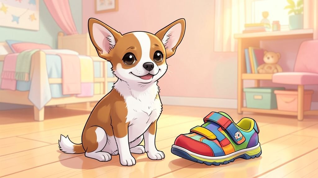 Eine niedliche Illustration eines kleinen Chihuahuas, der neben einem bunten Turnschuh sitzt, um seine geringe Größe zu verdeutlichen.