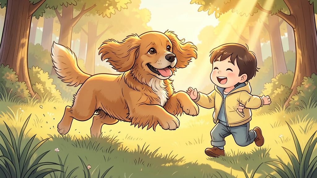 Ein fröhlicher, goldbrauner Cocker Spaniel mit weichen Schlappohren spielt mit einem lachenden Kind auf einer sonnigen Waldlichtung.