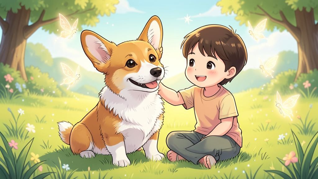 Ein fröhliches Kind sitzt mit einem süßen Corgi auf einer Wiese, während kleine leuchtende Feen um sie herumfliegen. Man sieht den weißen Feen-Sattel auf der Brust des Hundes.