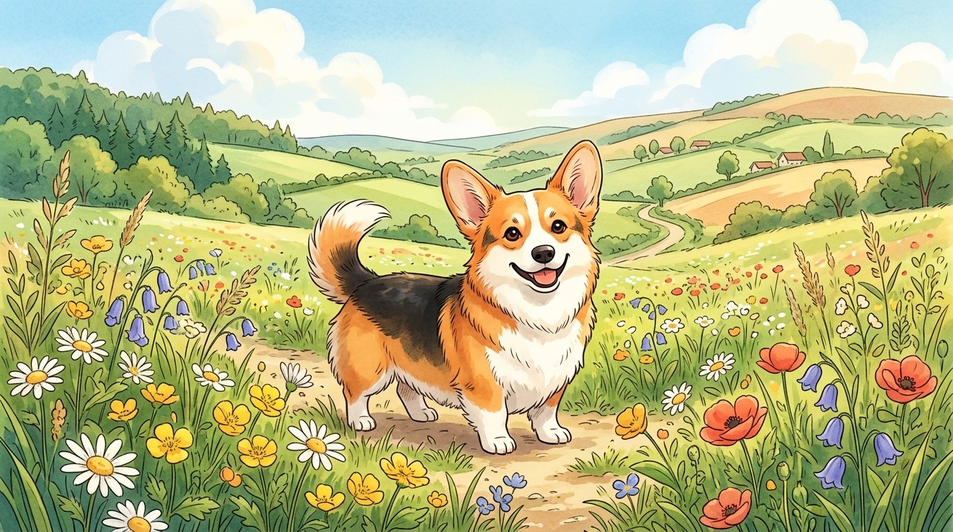 Ein niedlicher Corgi-Hund mit kurzen Beinen steht fröhlich auf einer grünen Wiese, Illustration im Kinderbuchstil.