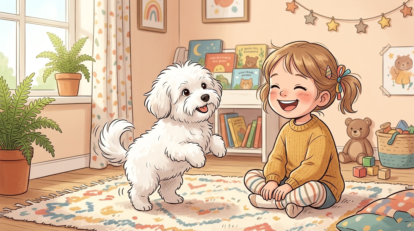 Ein flauschiger, weißer Coton de Tuléar Hund macht Männchen vor einem lachenden Kind in einem hellen Kinderzimmer.