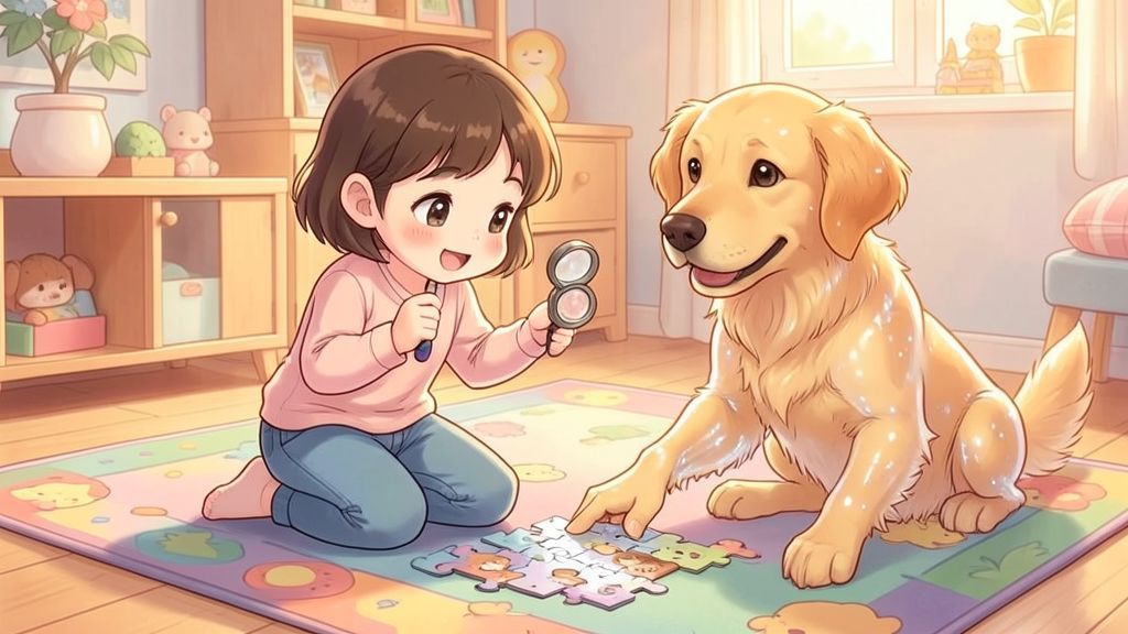 Eine kleine Detektivin mit Lupe findet ein fehlendes Puzzleteil, während ein freundlicher Geisterhund daneben sitzt.