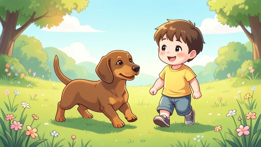 Ein fröhlicher Dackel mit kurzen Beinen und langem Rücken läuft neben einem lachenden Kind über eine sonnige Wiese.