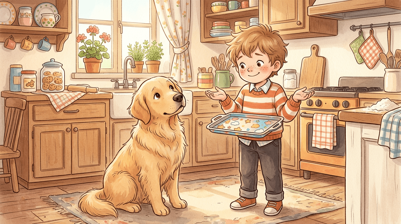 Eine kindgerechte Illustration eines kleinen Jungen, der seinem Hund ein leeres Tablett zeigt, während der Hund fragend schaut.