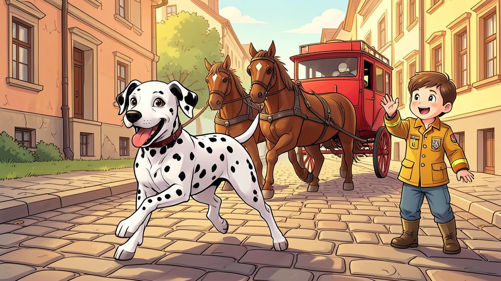 Ein fröhlicher Dalmatiner mit schwarzen Punkten läuft mutig vor einer historischen, von Pferden gezogenen Feuerwehrkutsche her.