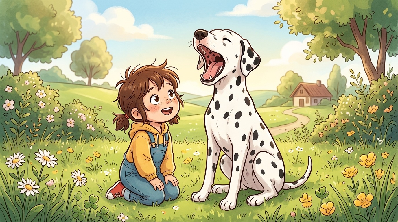 Eine kindgerechte Illustration eines fröhlich gähnenden Dalmatiners, bei dem man kleine dunkle Punkte am Gaumen sieht.