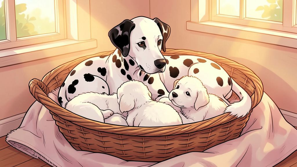 Eine gepunktete Dalmatiner-Hündin liegt liebevoll bei ihren reinweißen Welpen in einem Körbchen.