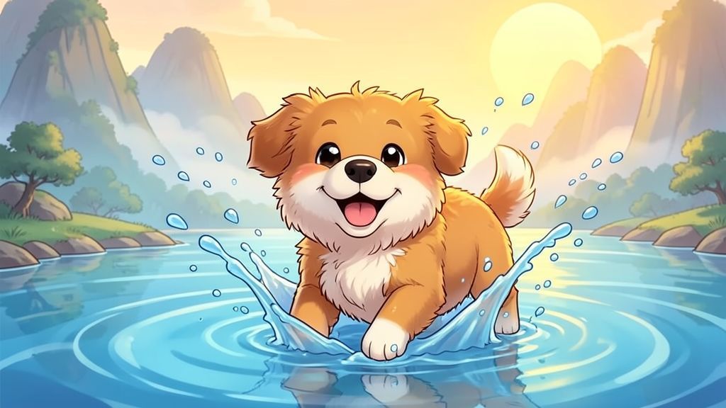 Ein fröhlicher, flauschiger Hund planscht glücklich in einem glitzernden blauen Fluss während eines Rennens.