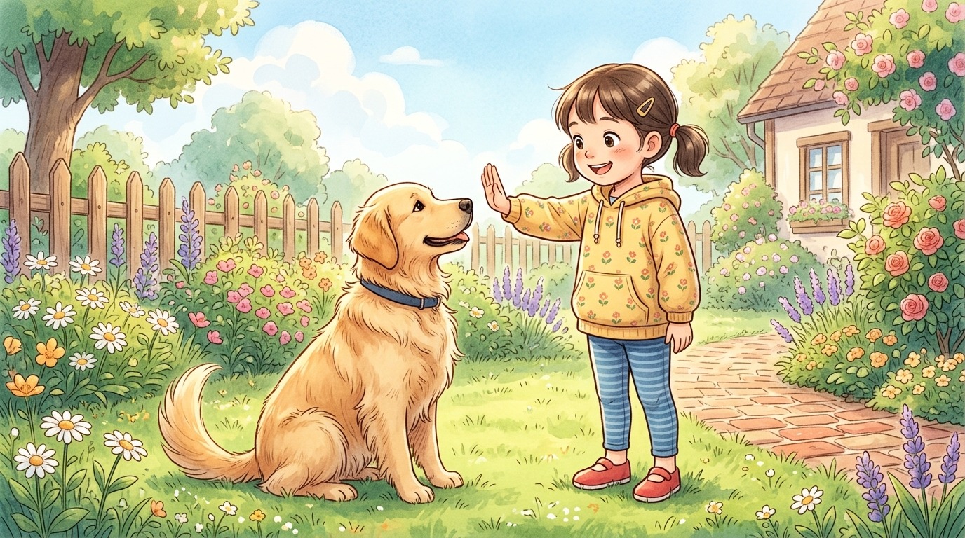 Ein Kind gibt seinem aufmerksam schauenden Hund im Garten ein lautloses Handzeichen für das Spiel Das stumme Signal.