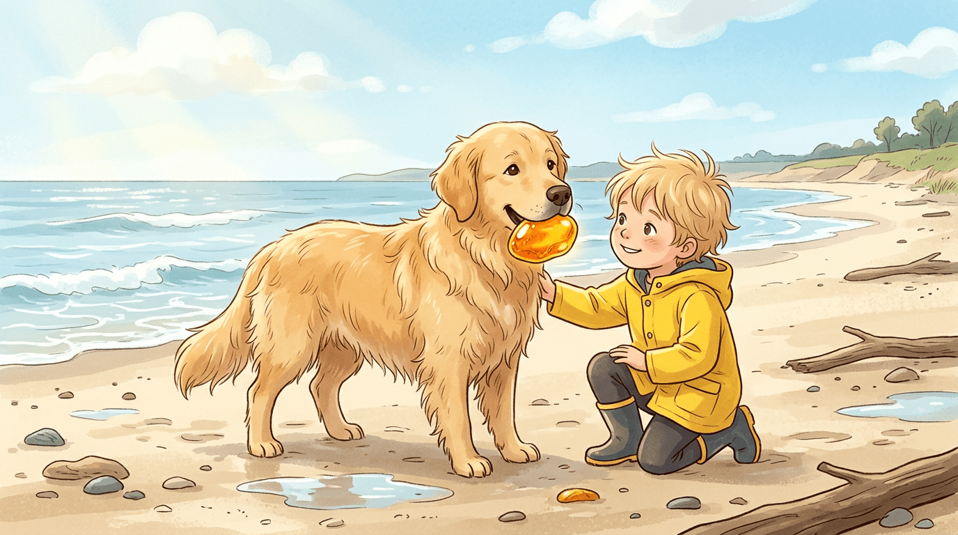 Ein wuscheliger goldfarbener Hund findet einen glänzenden Bernstein am Strand, während ein Kind daneben vor Freude strahlt.