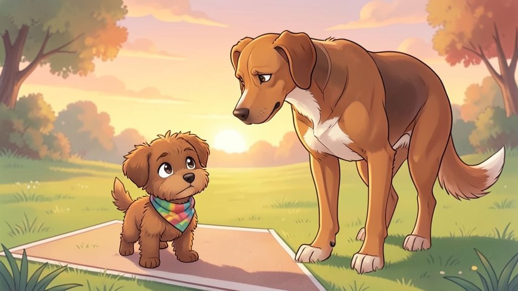 Ein kleiner, struppiger Hund steht mutig an einer Startlinie neben einem großen, eleganten Windhund.