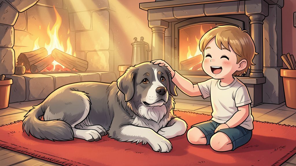 Ein alter, freundlicher Hund namens Sultan liegt gemütlich auf einem Teppich vor einem warmen Kamin, während ein Kind ihn sanft streichelt.
