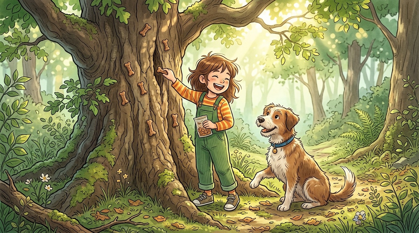 Ein Kind versteckt kleine Leckerlis in der rauen Rinde eines Baumes, während ein Hund daneben aufmerksam im Sitz wartet.