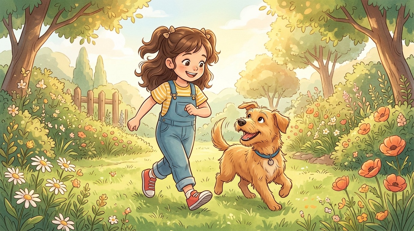 Ein glückliches Kind läuft durch einen sonnigen Garten, während ein aufmerksamer Hund wie ein Schatten direkt an seiner Seite bleibt.