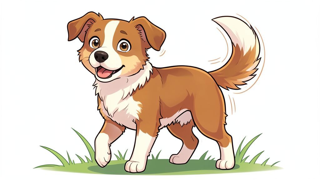 Eine lustige Kinderbuch-Illustration eines Hundes, dessen wedelnder Schwanz so viel Schwung hat, dass der Hund leicht in der Luft wirbelt.