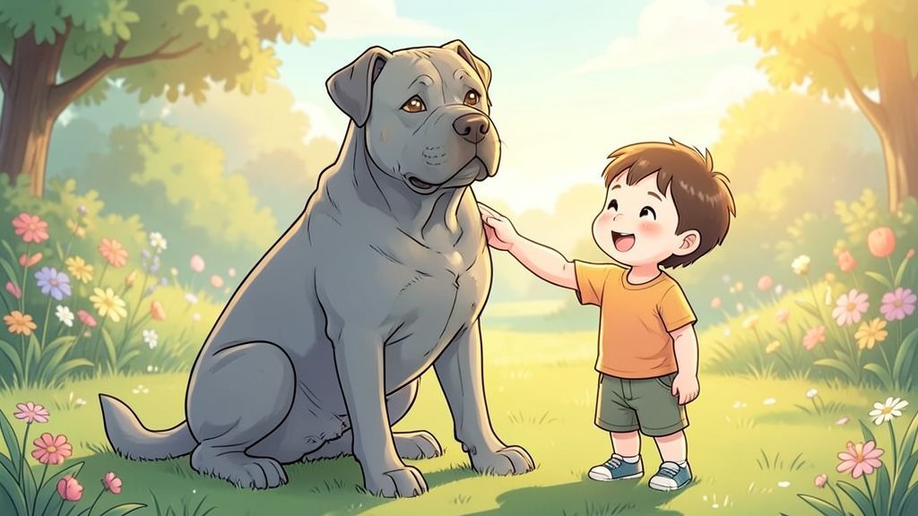 Eine riesige, freundliche Deutsche Dogge sitzt neben einem kleinen, lachenden Kind in einem gemütlichen Garten.