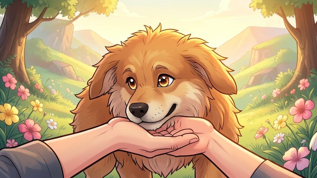 Ein freundlicher, urzeitlicher Hund legt seinen Kopf vertrauensvoll in die geöffnete Hand eines Menschen in einer sonnigen, urzeitlichen Naturlandschaft.