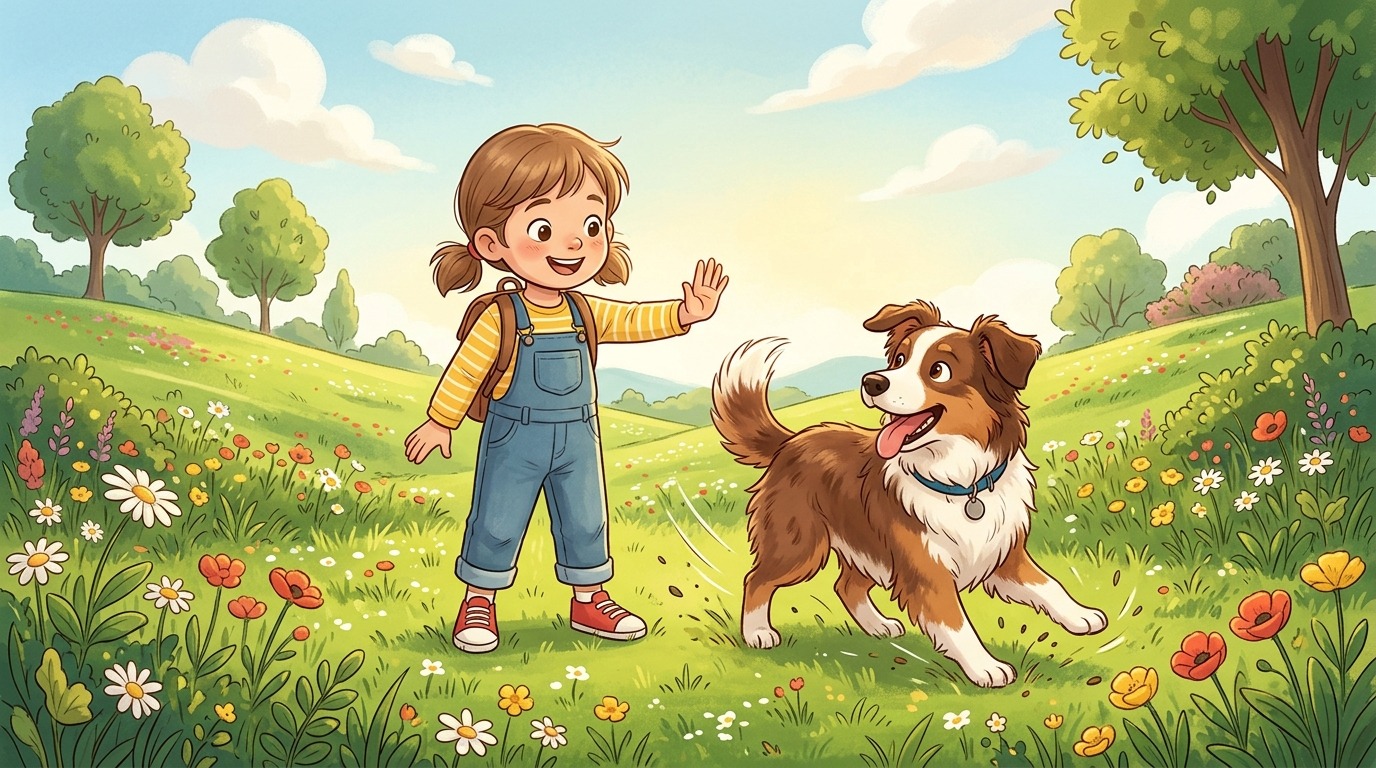 Ein Kind und ein Hund spielen Die Geschwindigkeits-Schranke auf einer bunten Wiese, wobei der Hund aufmerksam stoppt.