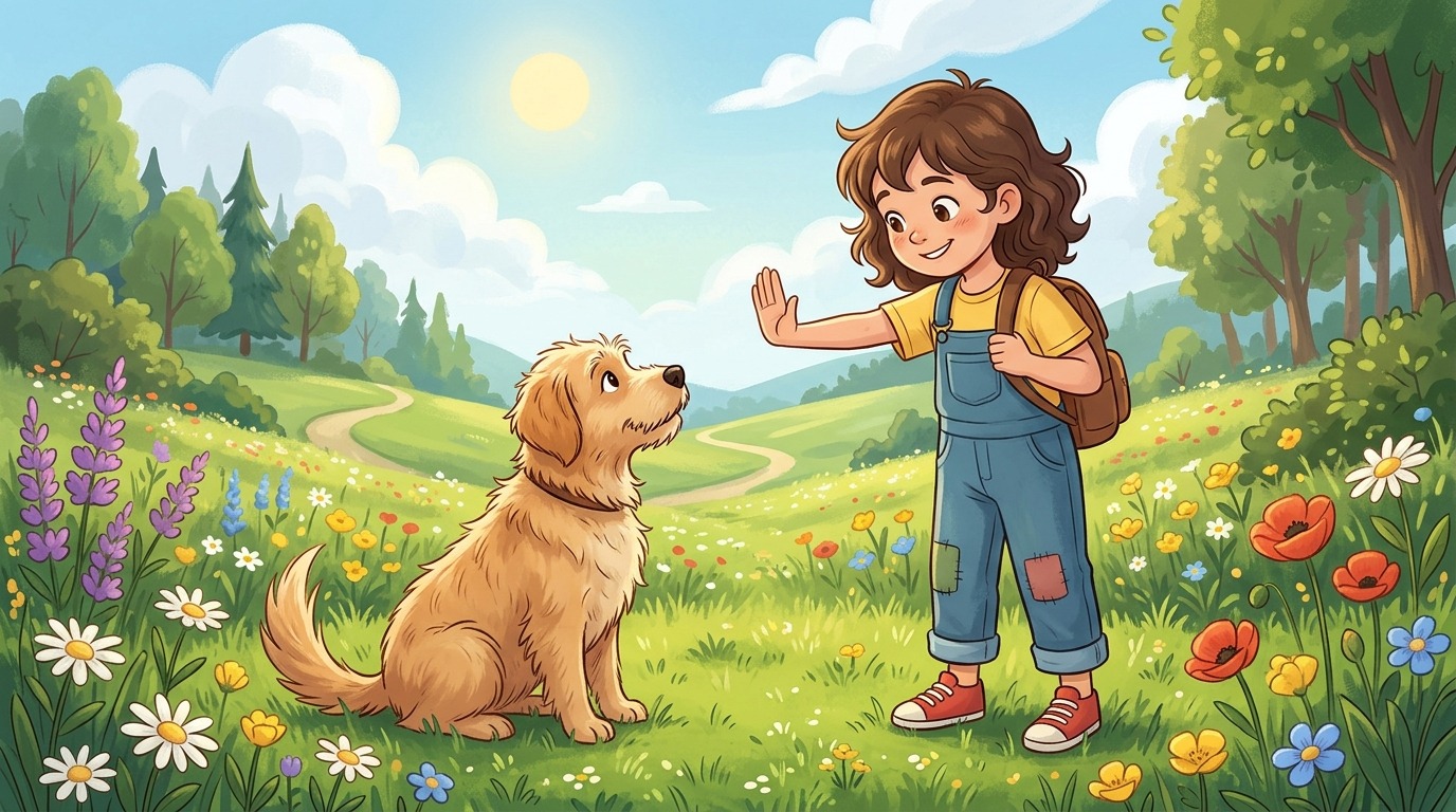 Ein glückliches Kind und ein aufmerksamer Hund spielen die Kommando-Ampel auf einer grünen Wiese.