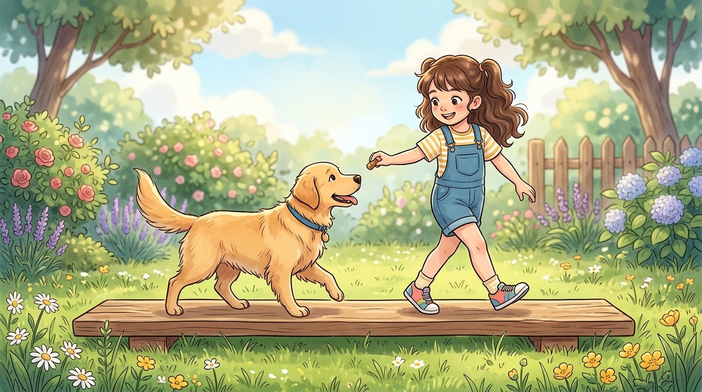 Ein fröhliches Kind führt einen Hund mit einem Leckerli vorsichtig über ein flaches Holzbrett auf einer Wiese.