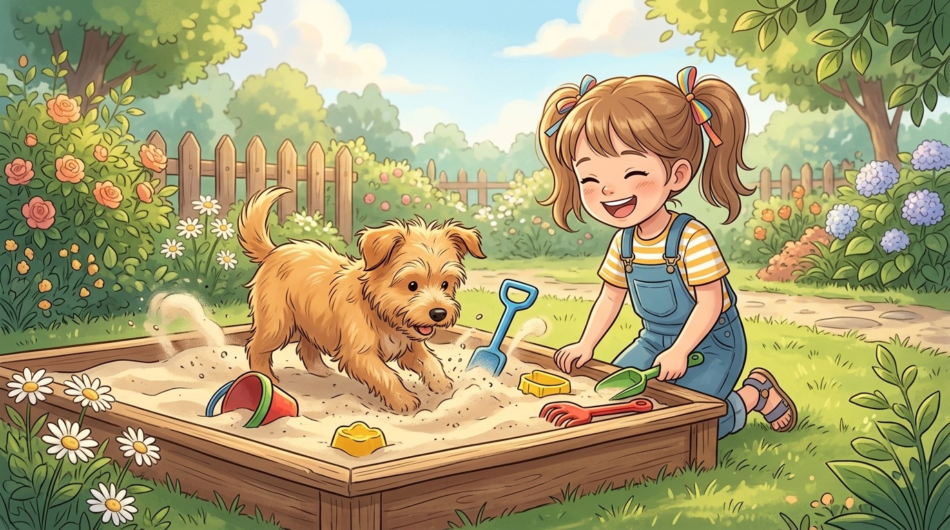 Ein glücklicher Hund gräbt begeistert in einer Sandkiste nach einem Schatz, während ein Kind daneben kniet und ihn anfeuert.