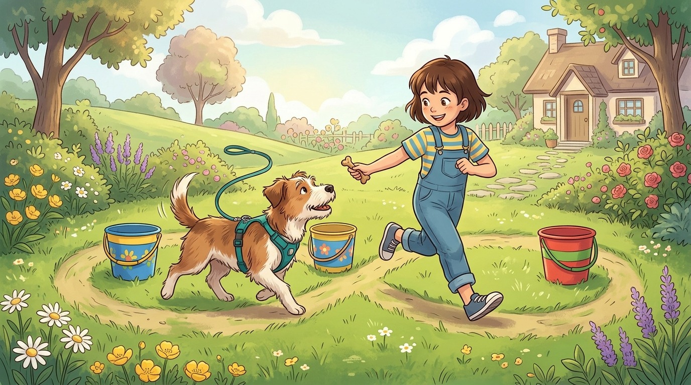 Ein glückliches Kind führt seinen Hund mit einem Leckerli in einer Achter-Schleife um zwei bunte Eimer auf einer Wiese.