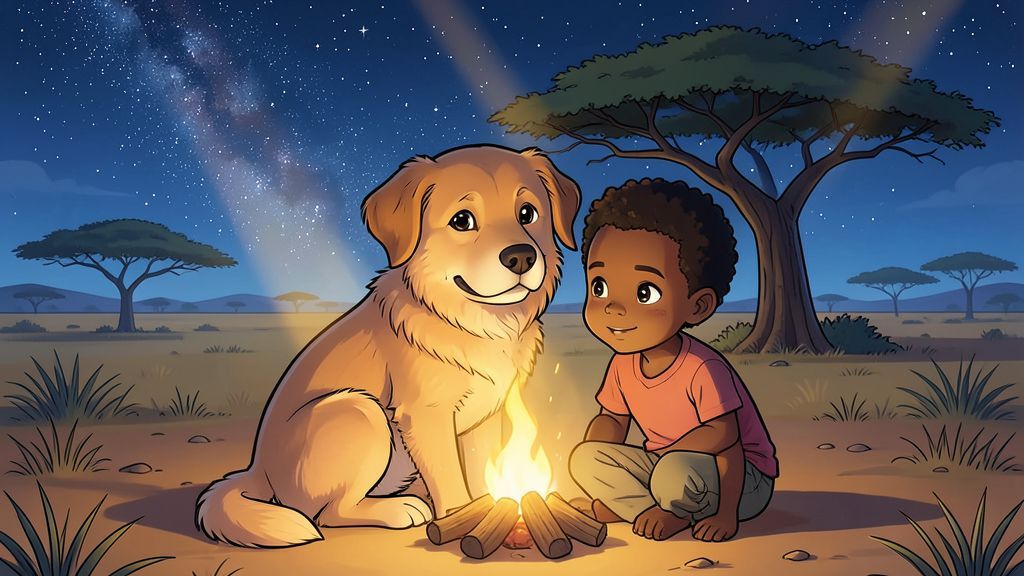 Eine warme Kinderbuch-Illustration eines freundlichen Hundes, der glücklich neben einem Kind an einem gemütlichen Lagerfeuer unter einem Sternenhimmel sitzt.