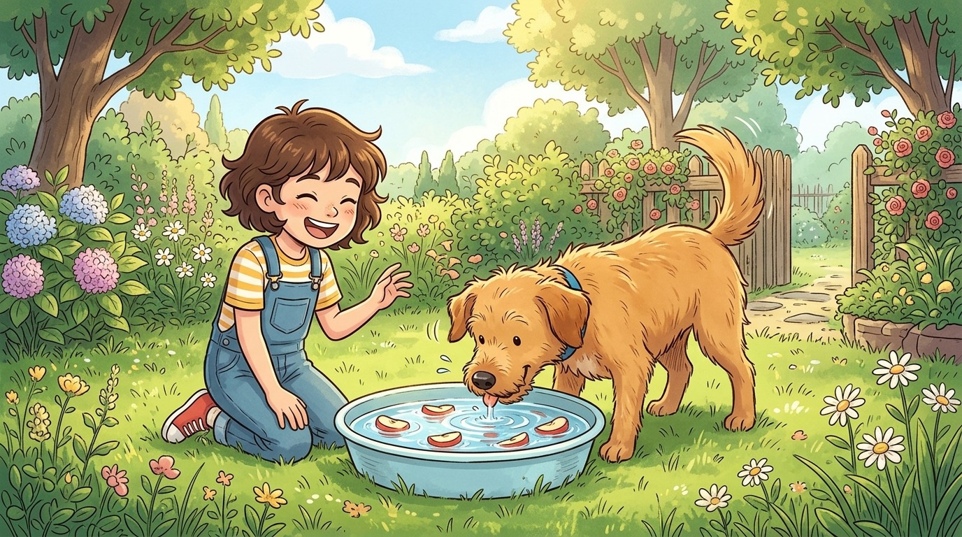 Ein fröhlicher Hund und ein lachendes Kind spielen gemeinsam Die Wasser-Jagd mit einer blauen Wasserschüssel und Apfelstücken.
