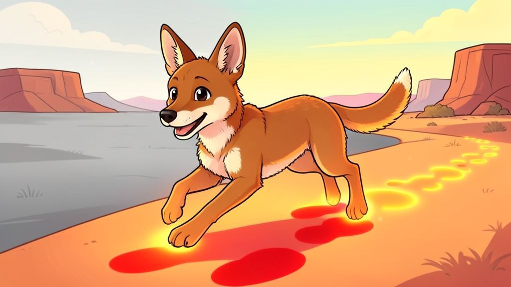 Ein freundlicher, goldener Dingo läuft durch die australische Wüste und hinterlässt leuchtend rote Pfotenabdrücke im grauen Sand.