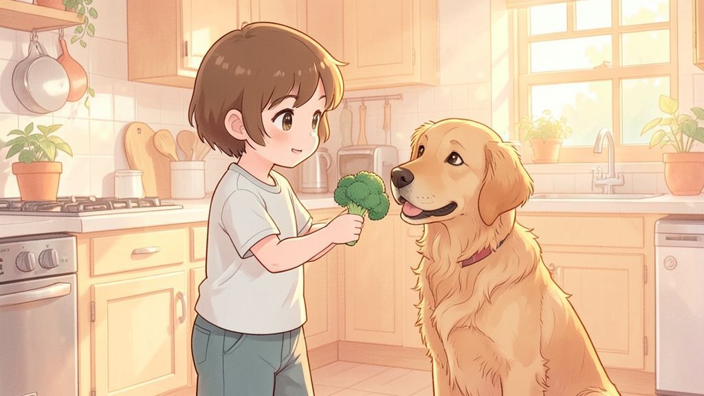 Ein Kind in einer hellen Küche gibt einem freundlichen Golden Retriever ein kleines Stück gekochten Brokkoli.