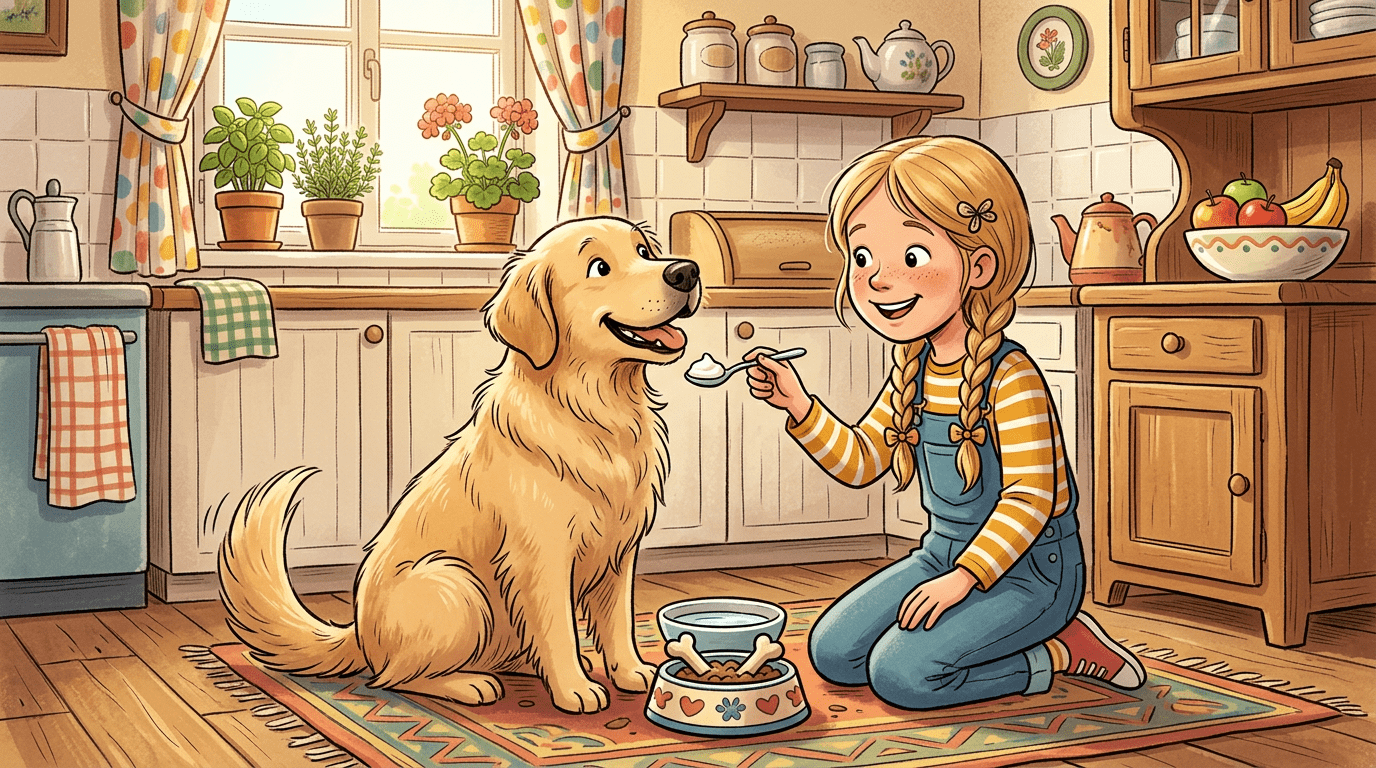 Ein glücklicher Golden Retriever schleckt Joghurt von einem Löffel, der von einem Kind gehalten wird.