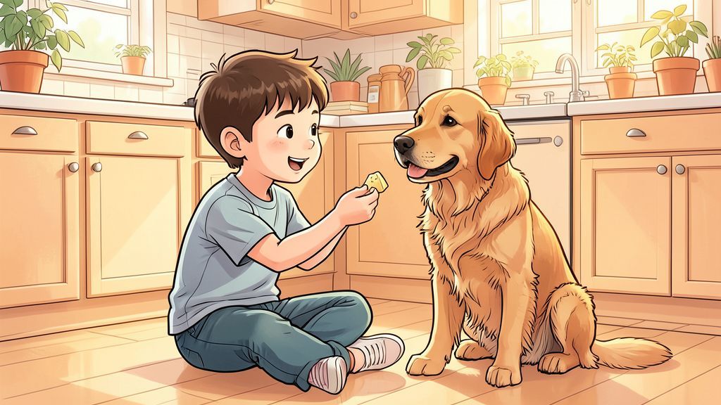 Ein Kind gibt seinem Golden Retriever in einer gemütlichen Küche ein kleines Stück Käse als Belohnung.