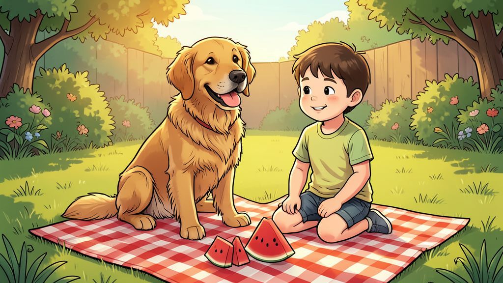 Ein Golden Retriever und ein Kind sitzen im Garten bei einer Picknickpause mit Melonenstücken.