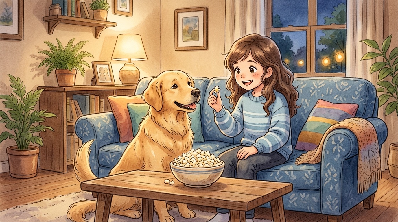 Ein Kind und ein Golden Retriever sitzen gemütlich auf einem Sofa und schauen gemeinsam einen Film, während das Kind dem Hund vorsichtig ein Stück Popcorn zeigt.