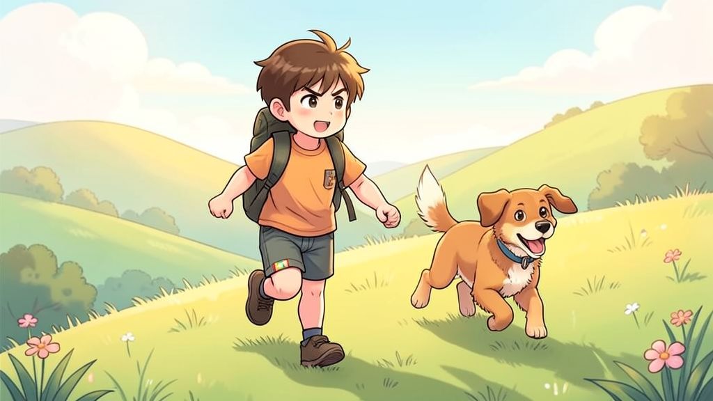 Eine hochwertige Illustration eines mutigen Kindes mit einem kleinen Pflaster am Knie, das entschlossen und lächelnd einen Hügel erklimmt, begleitet von einem treuen, fröhlichen Hund.