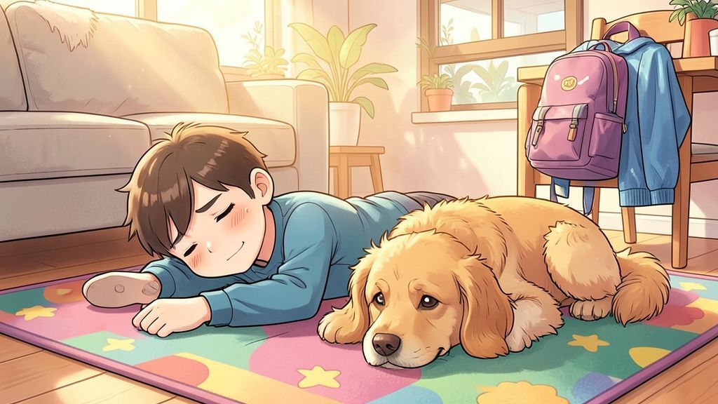Eine kindgerechte Illustration eines erschöpften Kindes und eines müden Hundes, die gemeinsam nach einem langen Tag auf einem weichen Teppich ausruhen.