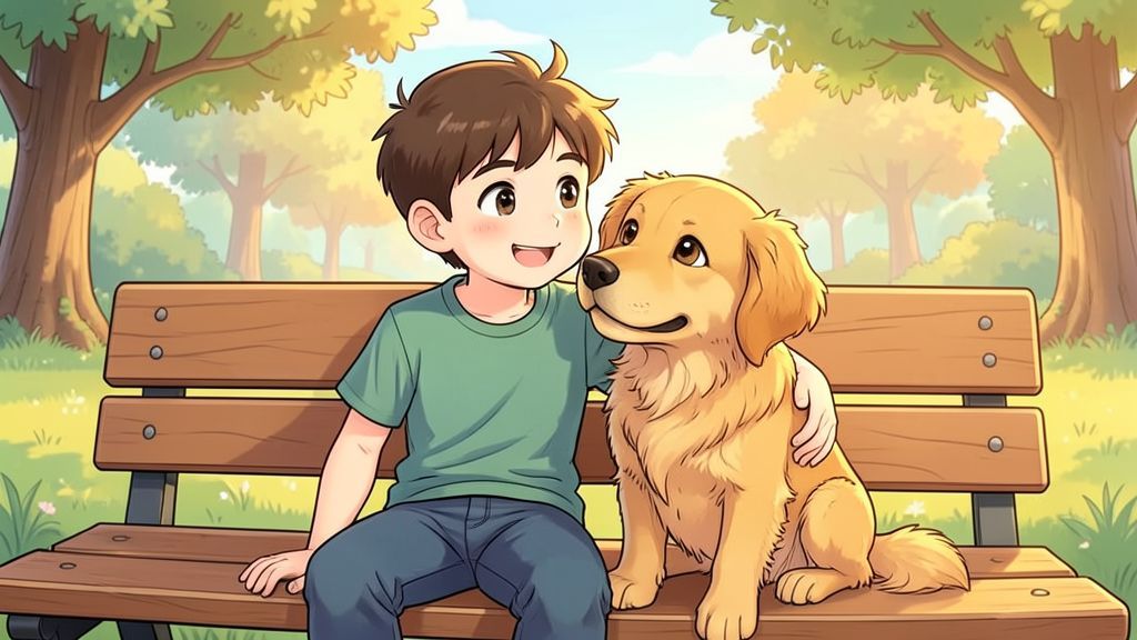Eine Illustration eines Kindes, das seinen Hund umarmt, während sie gemeinsam auf einer Bank sitzen.