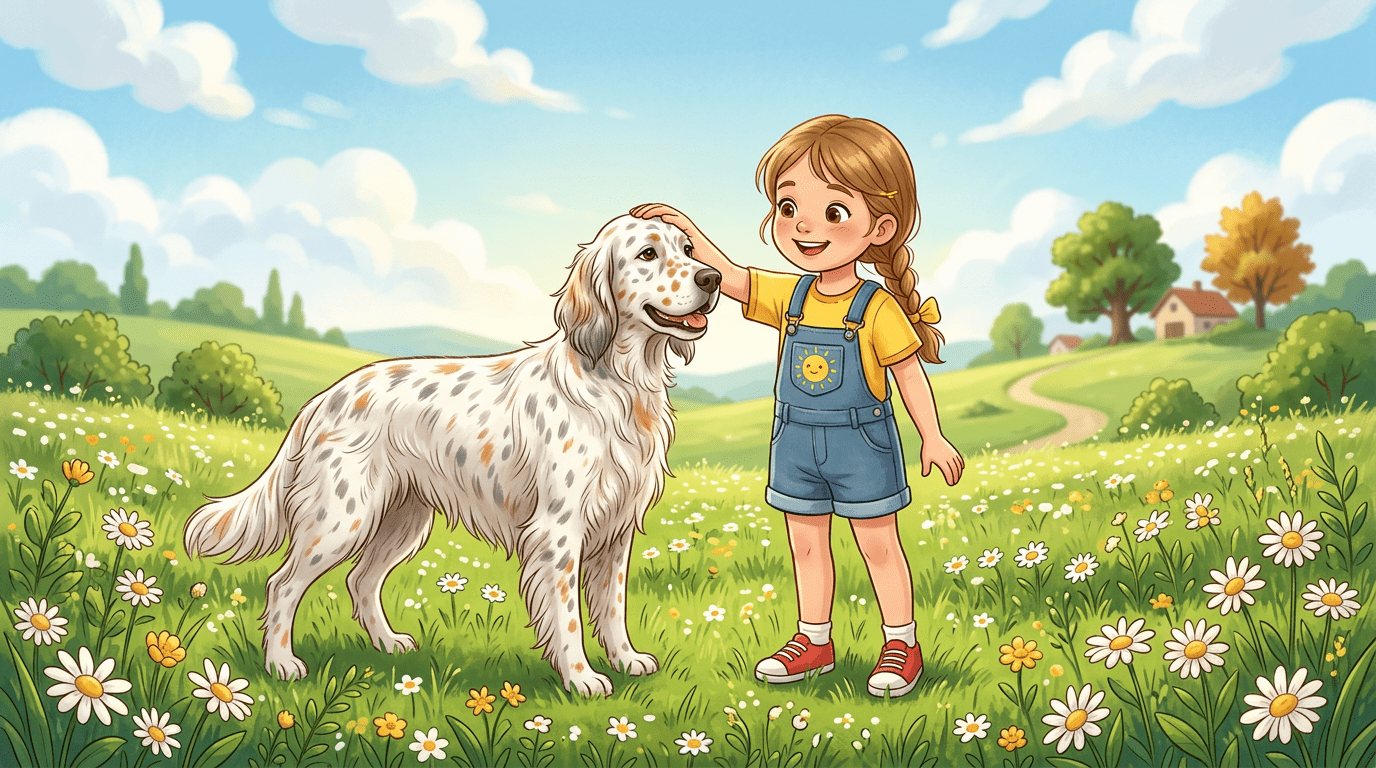 Ein eleganter English Setter mit gepunktetem Fell steht friedlich neben einem Kind auf einer sonnigen Wiese.