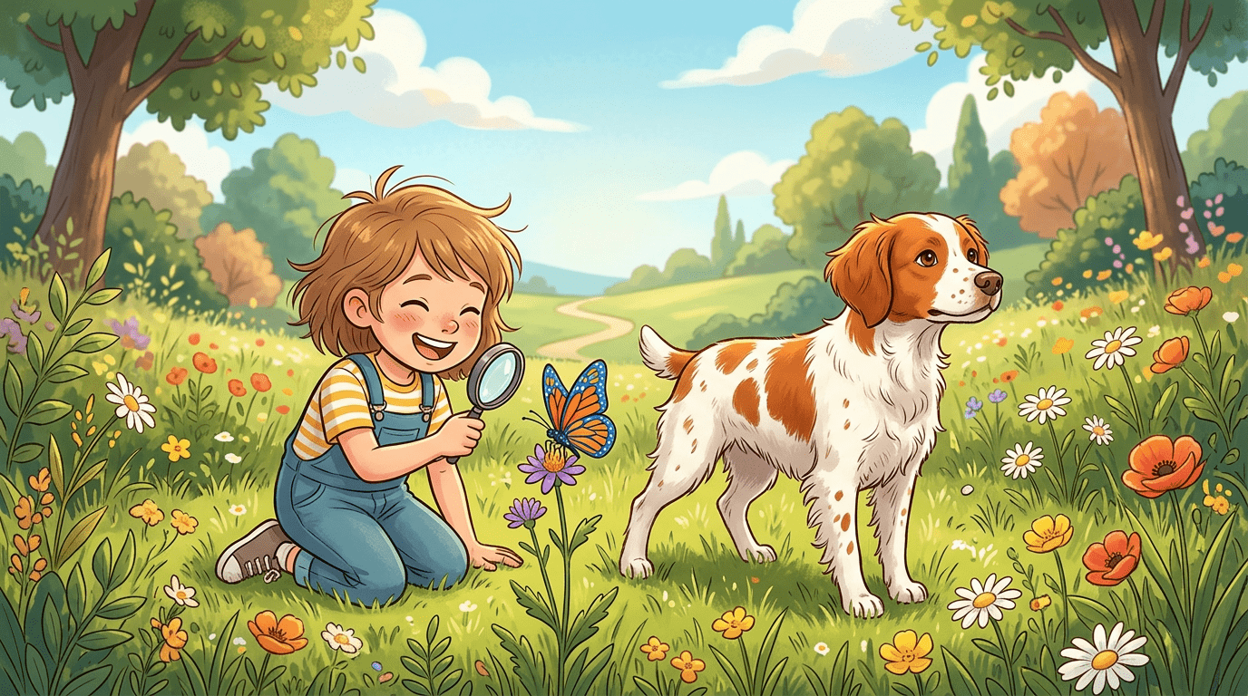 Eine fröhliche Kinderbuch-Illustration eines Epagneul Breton Hundes, der auf einer Blumenwiese stolz in die Ferne blickt.