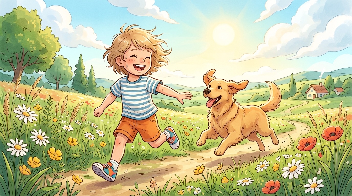 Ein lachendes Kind läuft über eine grüne Wiese und ein Hund läuft spielerisch hinterher beim Das Fang-Mich-Nicht-Prinzip.