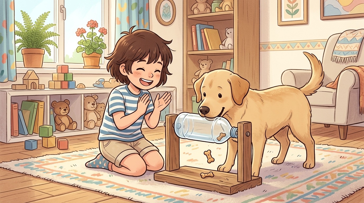 Ein Kind beobachtet freudig seinen Hund, der beim Spiel Flaschen-Wirbel eine drehbare Flasche mit der Nase anstupst.